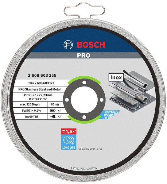 10 disque tronçon MTX et inox 125x1x22,23mm - BOSCH - 2 608 603 255