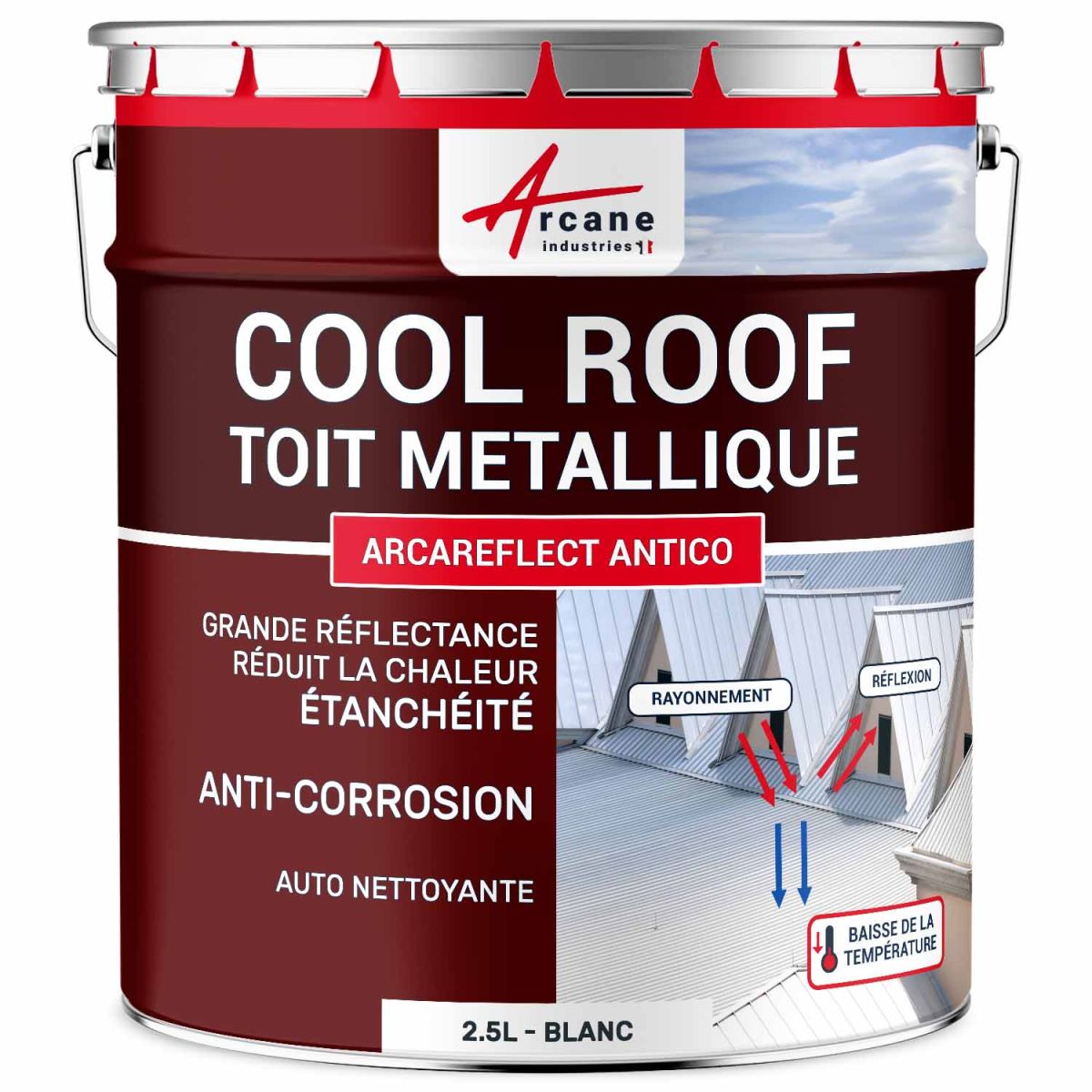 Coolroof, Peinture anti chaleur toit métallique : ARCAREFLECT ANTICO-2.5 L Blanc-ARCANE INDUSTRIES