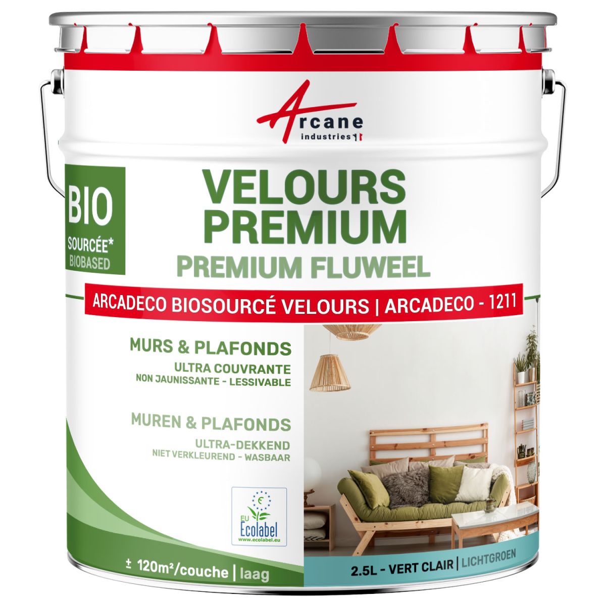 Peinture velours mur et plafond : ARCADÉCO BIOSOURCÉ-2.5 L (+ ou - 30m² par couche) Vert clair - RAL 6027-ARCANE INDUSTRIES