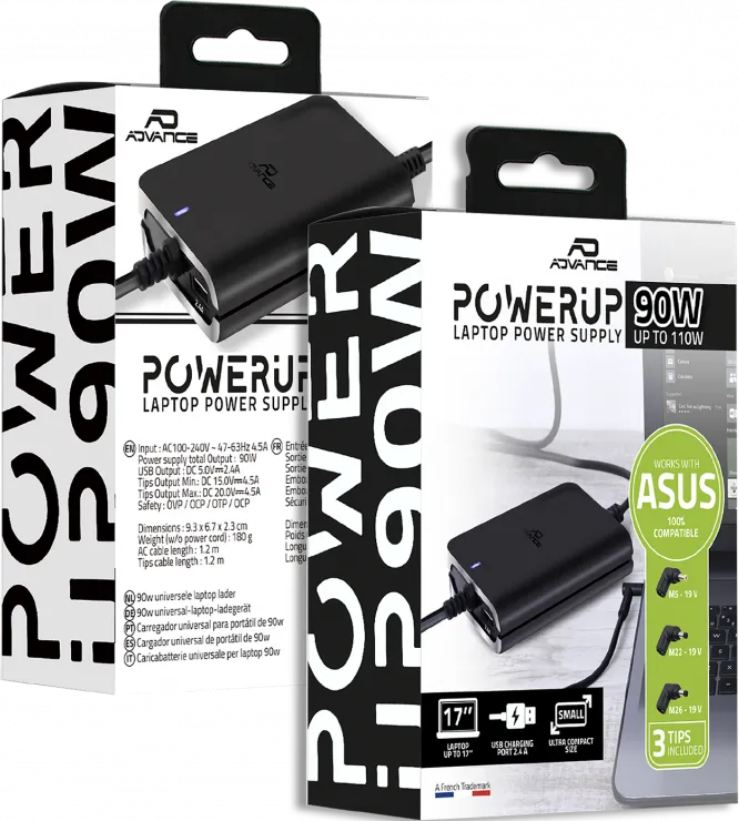 Chargeur universel Advance PowerUp compatible Asus 90W - 3 embouts