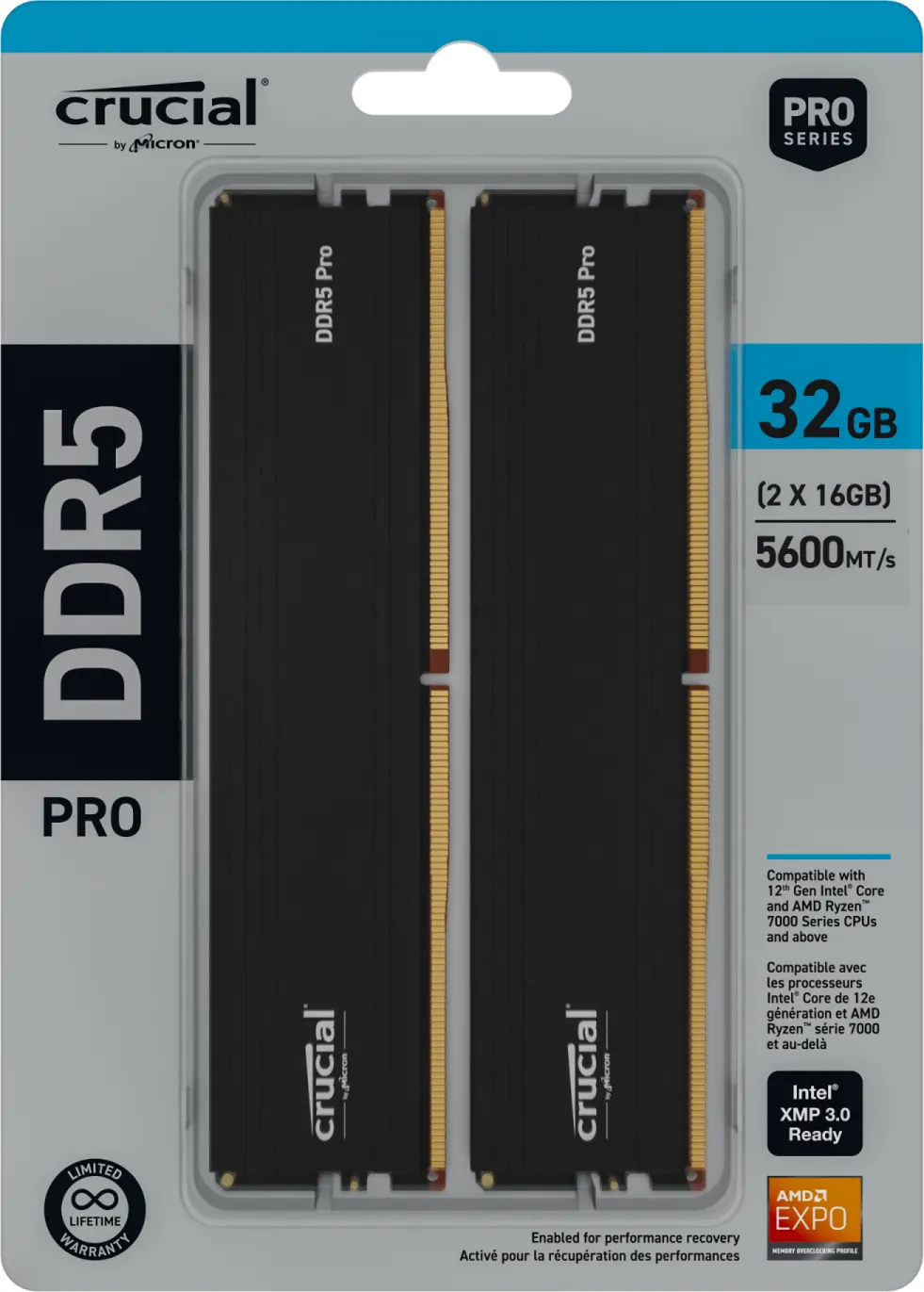 Kit Barrettes mémoire 32Go (2x16Go) DIMM DDR5 Crucial Pro  5600MHz (Noir)