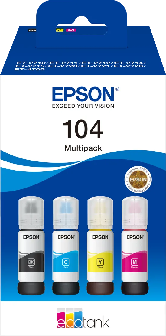 Pack 4 Cartouches d'encre Epson EcoTank 104 (Noir + Couleurs)