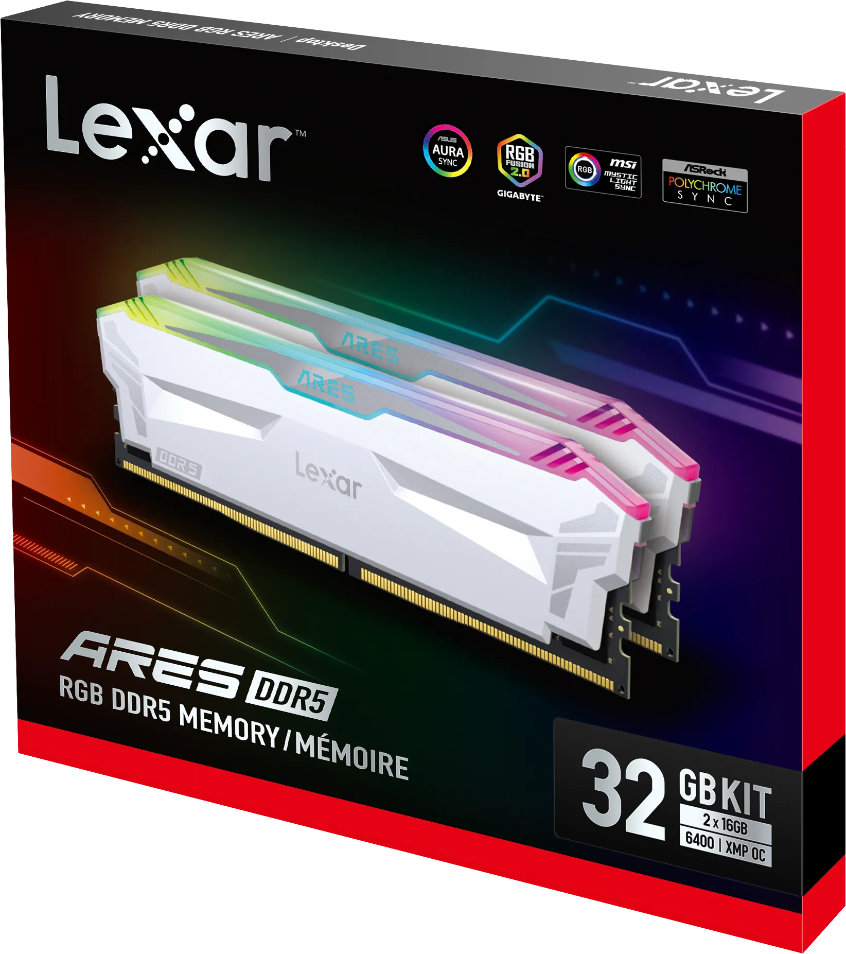 Kit Barrettes mémoire 32Go (2x16Go) DIMM DDR5 Lexar Ares RGB  6400MHz (Blanc)