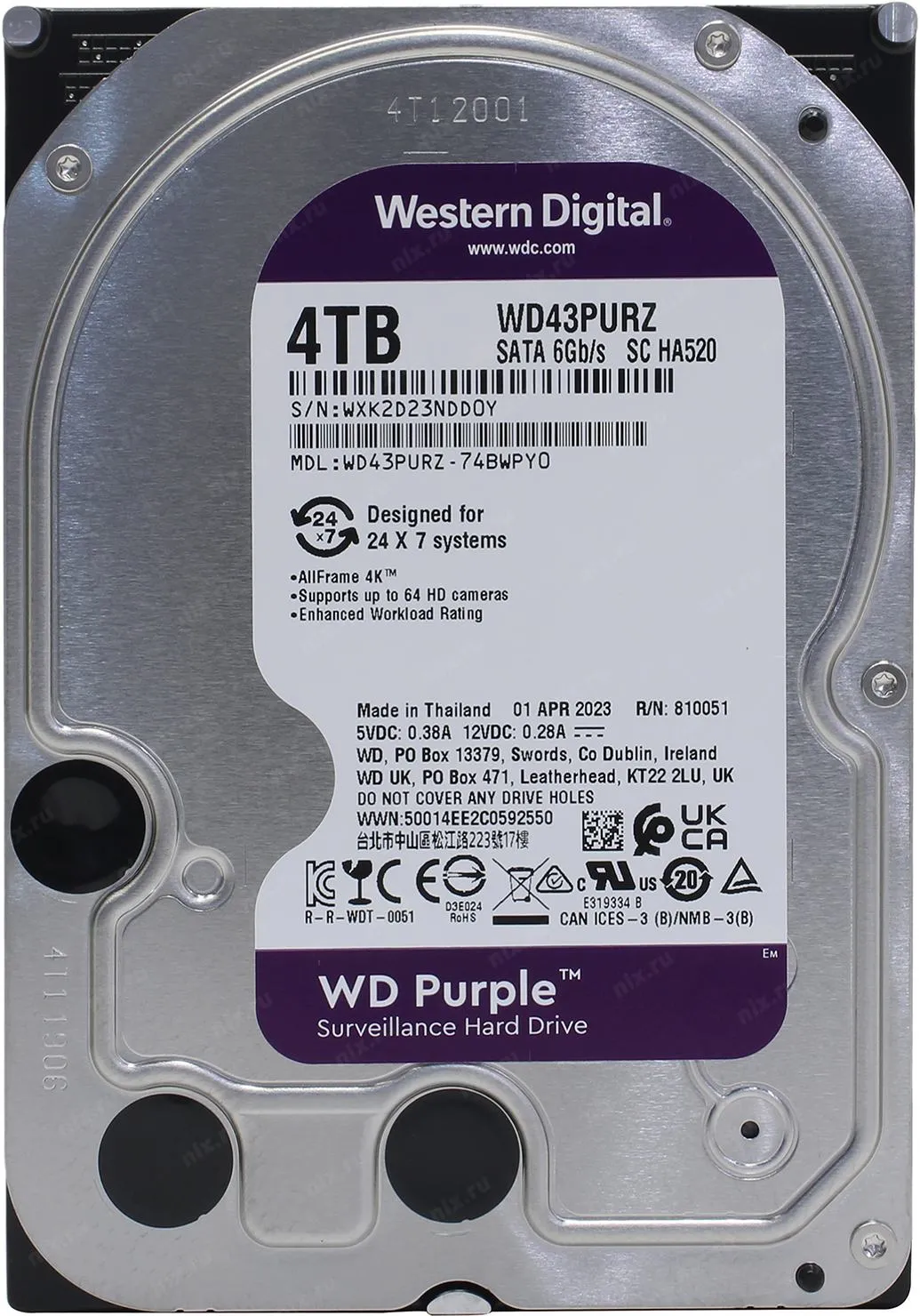 Disque Dur 3,5" Western Digital Purple Surveillance 4To - S-ATA 256Mo