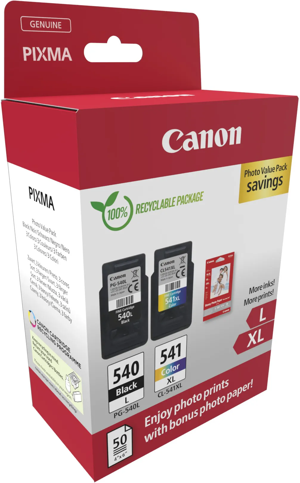 Pack 2 cartouches d'encre Canon PG-540L/CL-541XL Photo Value Pack (Noir/Couleurs) + 50x Papiers photo