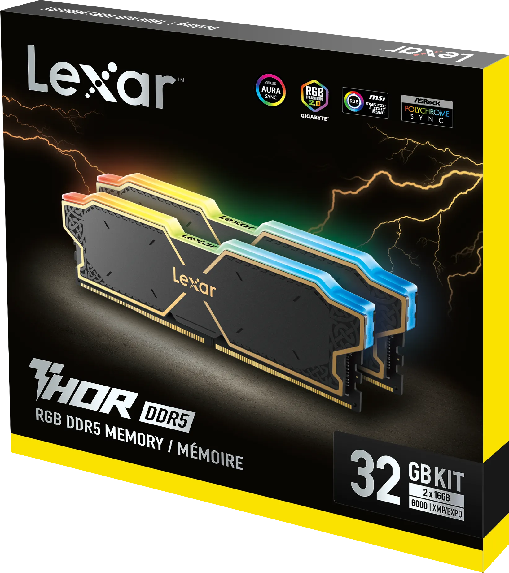 Kit Barrettes mémoire 32Go (2x16Go) DIMM DDR5 Lexar Thor RGB 6000MHz (Noir)
