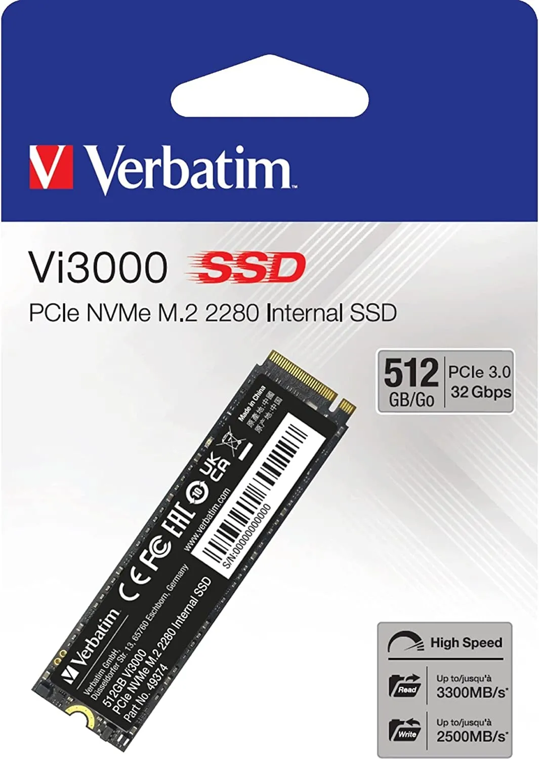 Disque SSD Verbatim Vi3000 512Go - NVMe M.2 Type 2280