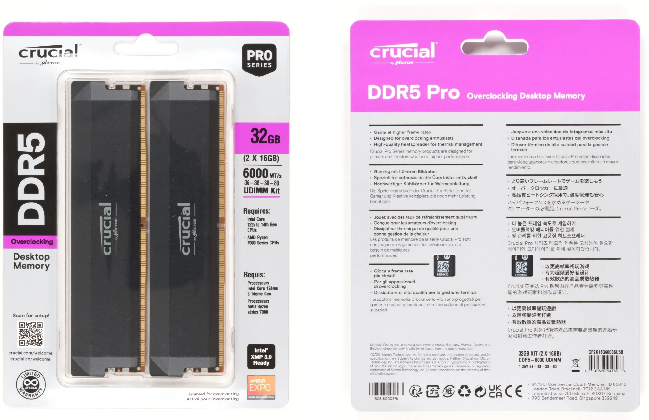 Kit Barrettes mémoire 32Go (2x16Go) DIMM DDR5 Crucial Pro OC Gaming 6000MHz (Noir)