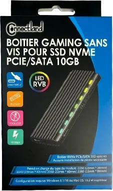 Boitier externe USB 3.2 Connectland RGB - S-ATA/NVMe M.2 Type 2280 (Noir)