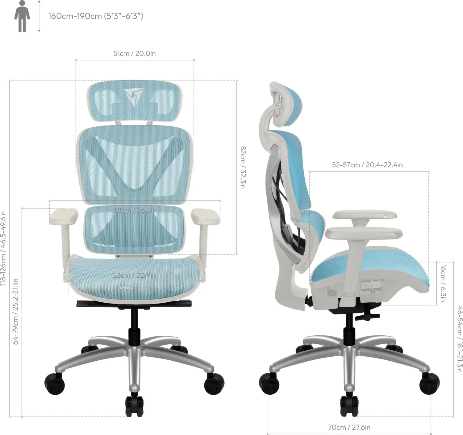 Fauteuil ergonomique ThunderX3 XTC (Blanc/Bleu)