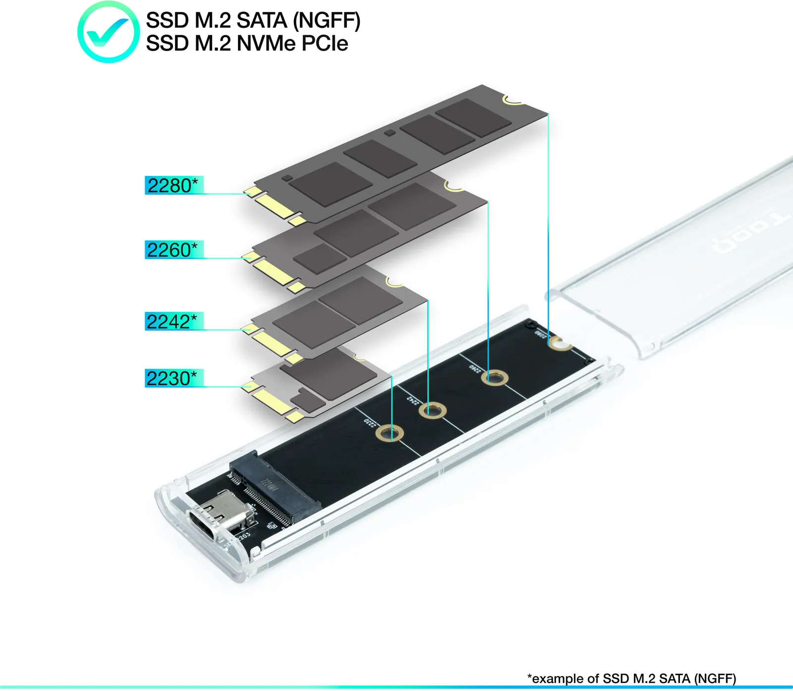 Boitier externe USB-C 3.2 Tooq TQE-2200 - M.2 NVMe Type 2280 (Transparent)