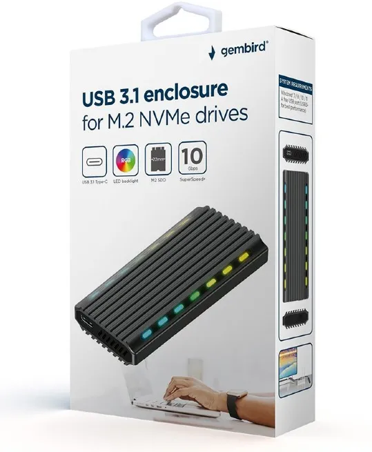 Boitier externe USB 3.2 Gembird RGB - S-ATA M.2 Type 2280 (gris)