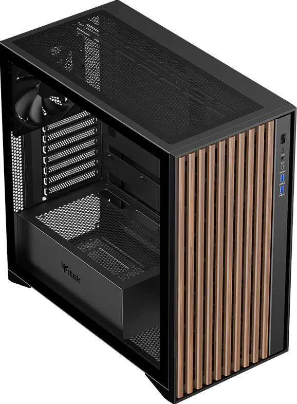 Boitier Moyen Tour ATX iTek Woody avec panneau vitré (Noir/Marron)