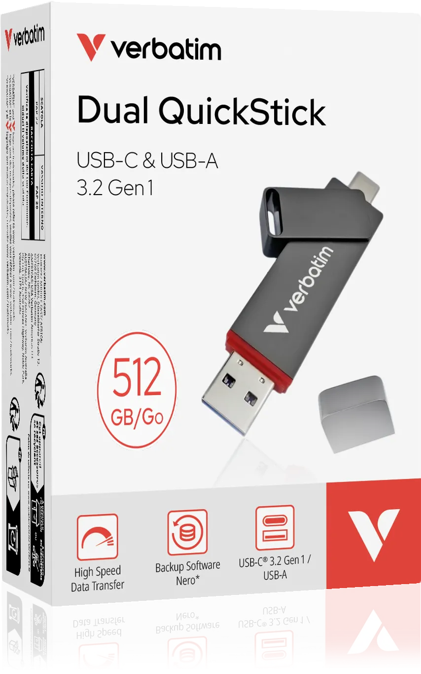 Clé USB-A/C 3.2 Verbatim Dual QuickStick - 512Go (Noir)
