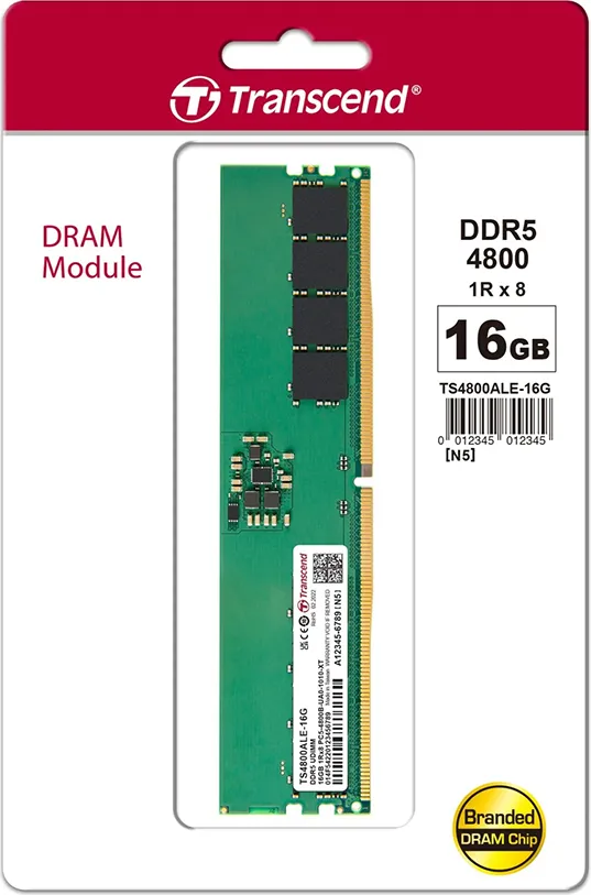 Barrette mémoire 16Go DIMM DDR5 Transcend JetRam 4800Mhz (Vert)