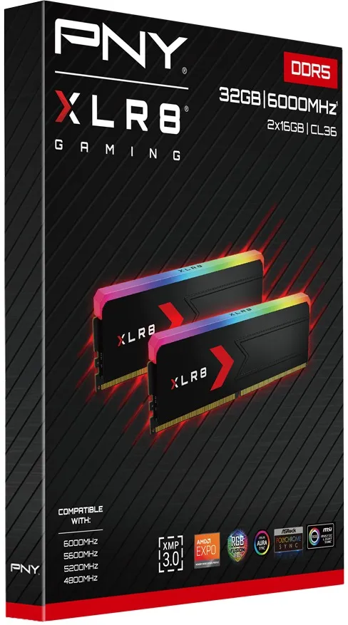 Kit Barrettes mémoire 32Go (2x16Go) DIMM DDR5 PNY XLR8 Gaming Epic-X RGB 6000MHz CL36 (Noir)