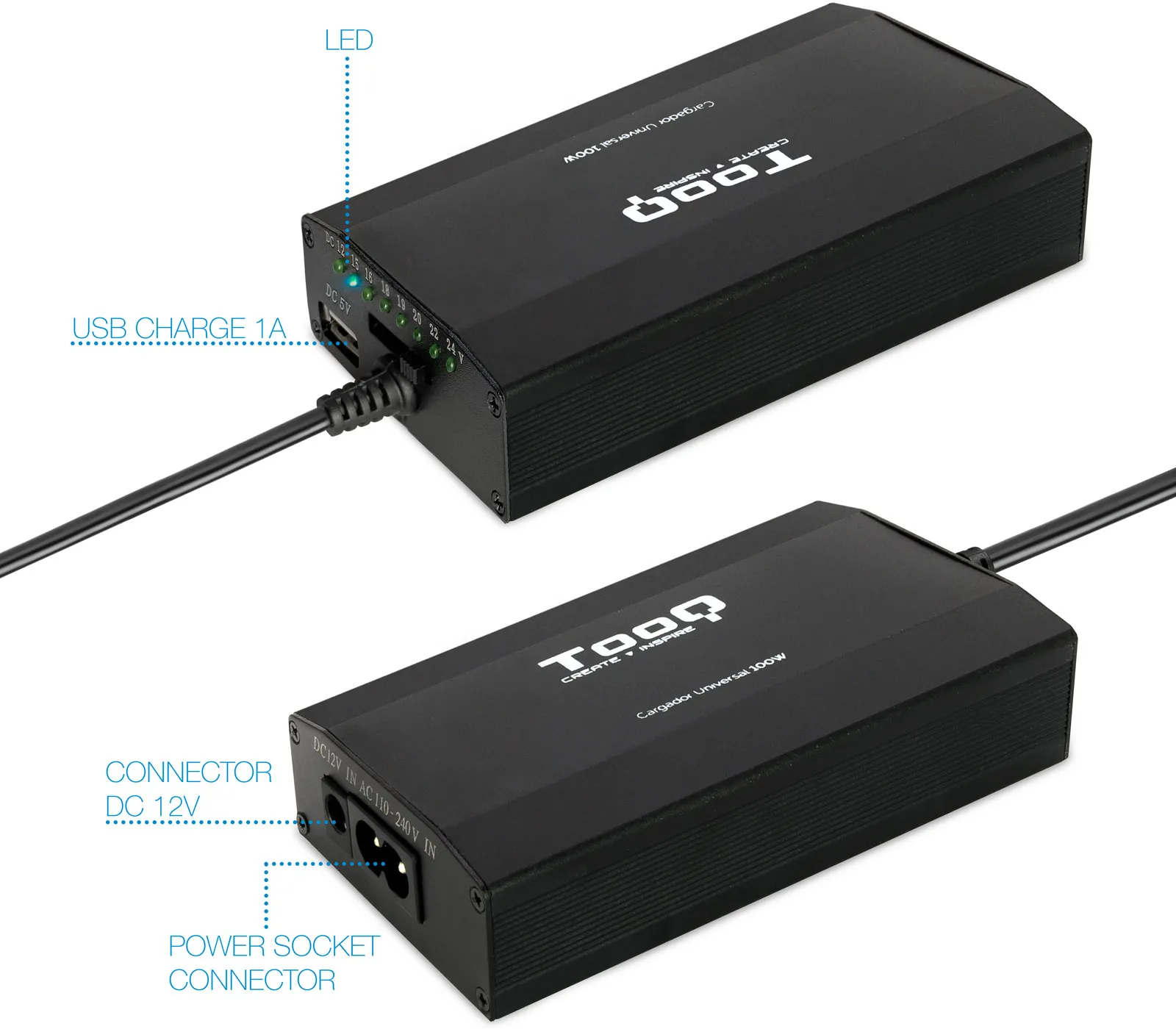 Chargeur universel TooQ 100W - 12 embouts (Noir)