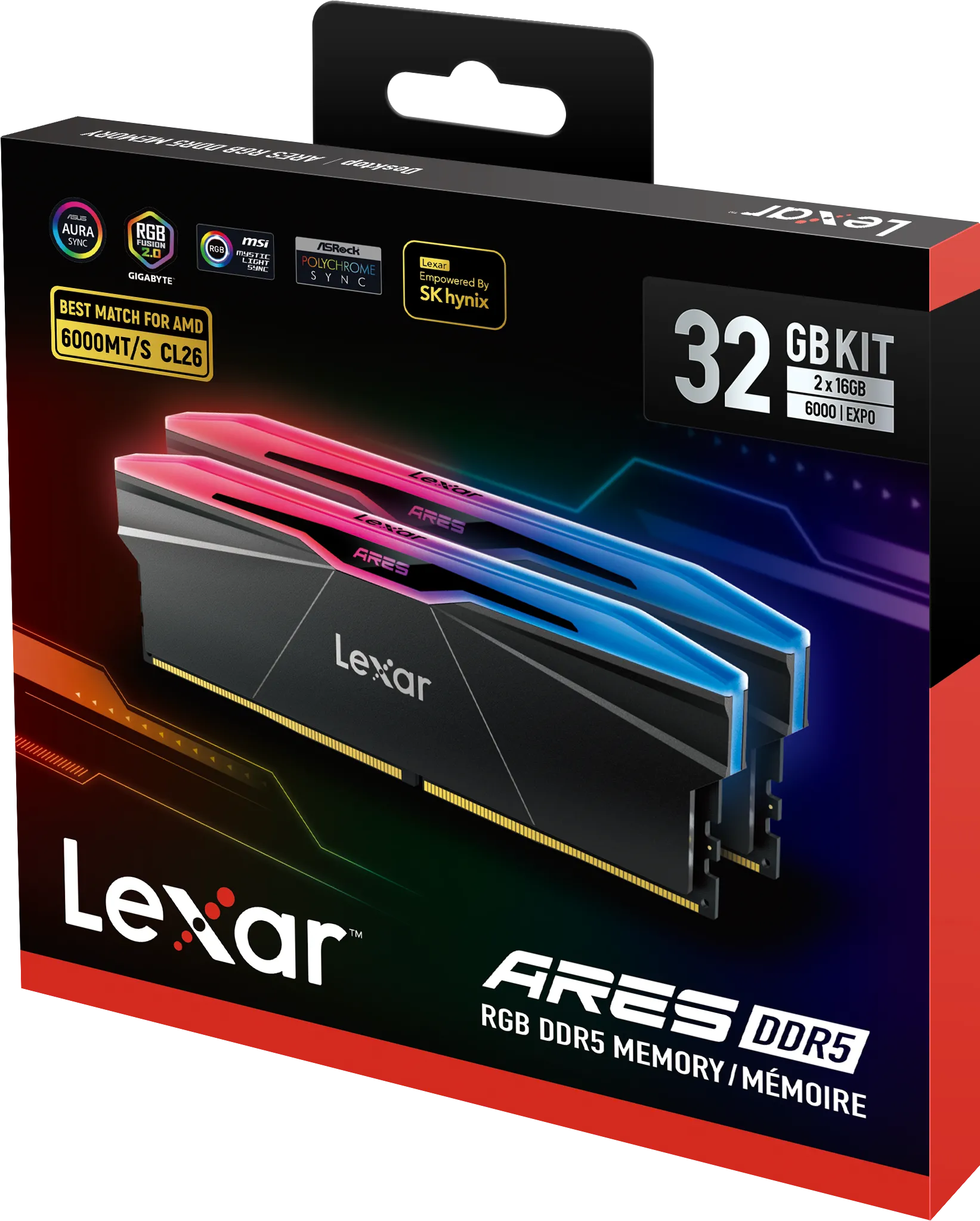 Kit Barrettes mémoire 32Go (2x16Go) DIMM DDR5 Lexar Ares 2nd Gen RGB 6000MHz (Noir)