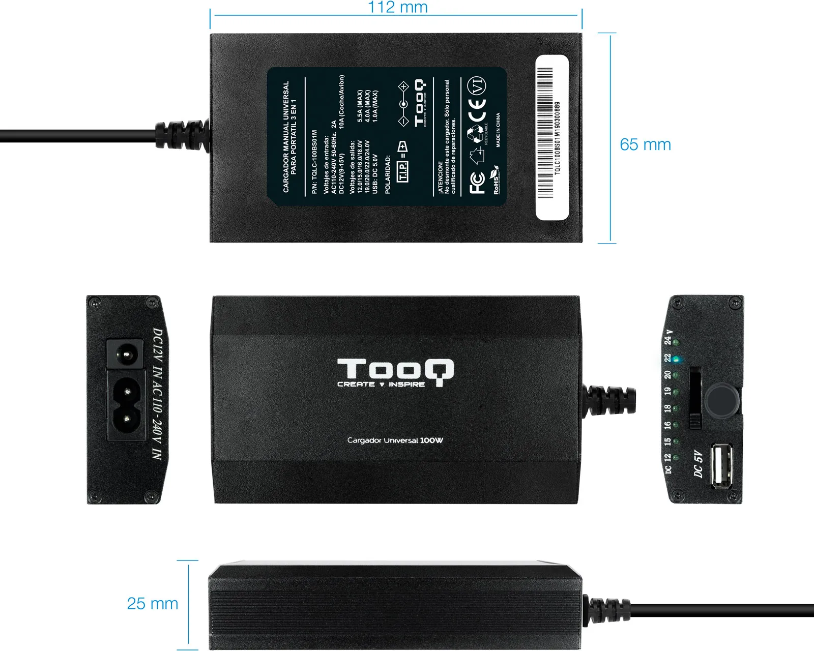 Chargeur universel TooQ 100W - 12 embouts (Noir)
