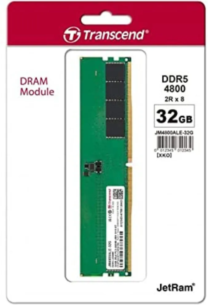 Barrette mémoire 32Go DIMM DDR5 Transcend JetRam 4800Mhz (Vert)