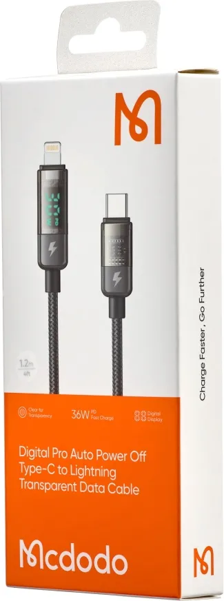 Câble Mcdodo Digital Display USB-C vers Lightning avec écran 1,2m M/M 36W (Transparent/Noir)