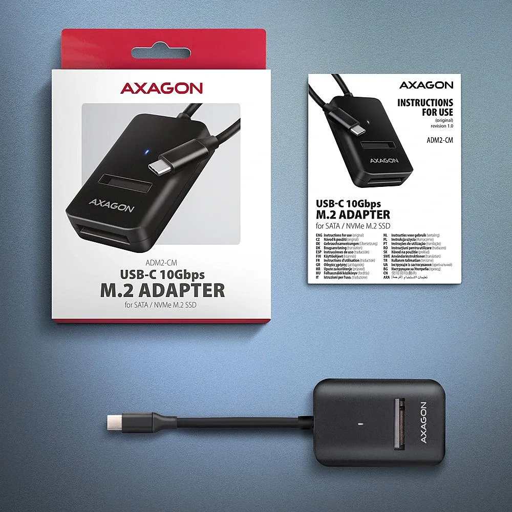 Adaptateur USB-C 3.2 Axagon ADM2-CM vers M.2 S-ATA/NVMe auto-alimenté