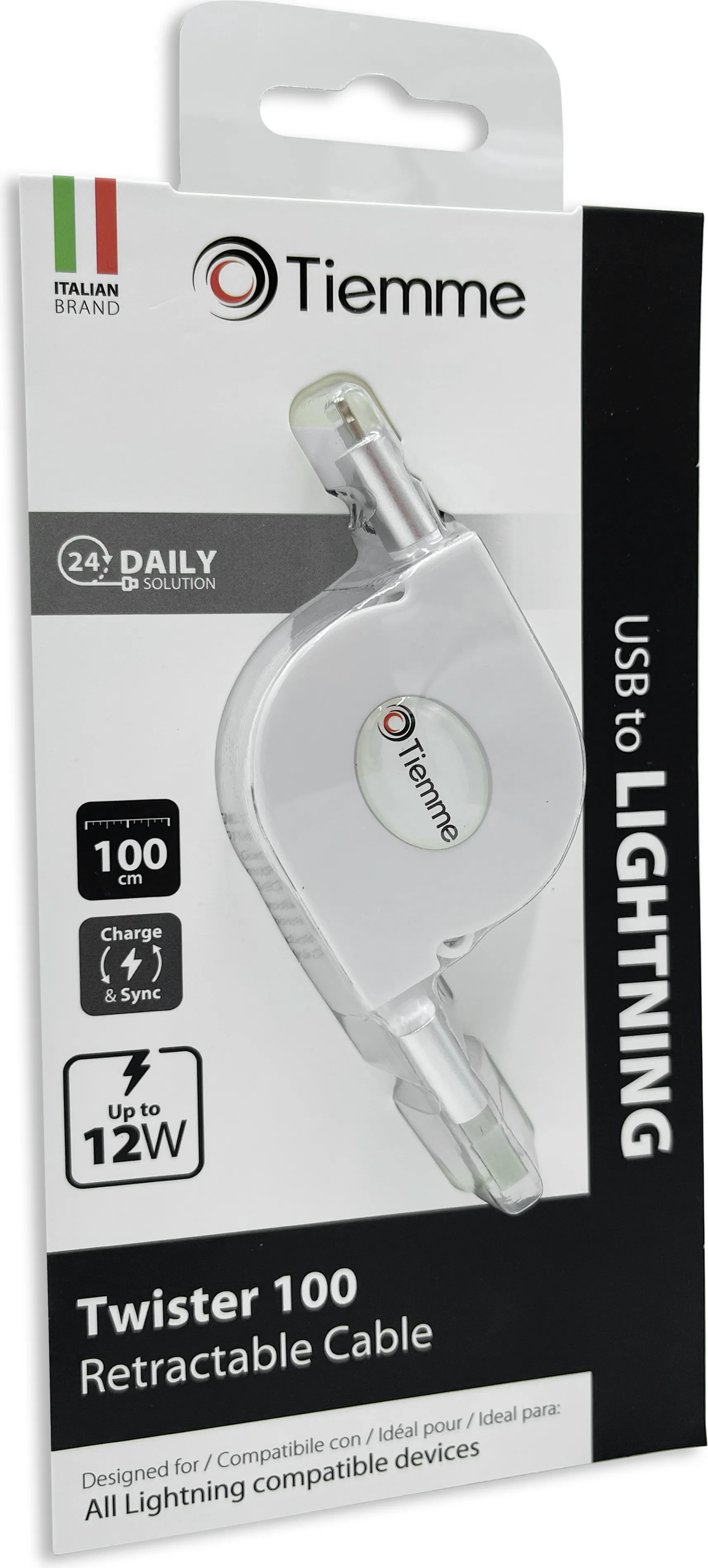 Câble rétractable Tiemme Twister USB type A - Lightning M/M 12W 1m (Blanc)