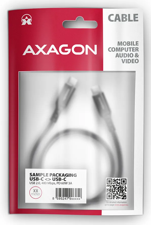 Câble Axagon USB-C 2m M/M 60W (Noir)