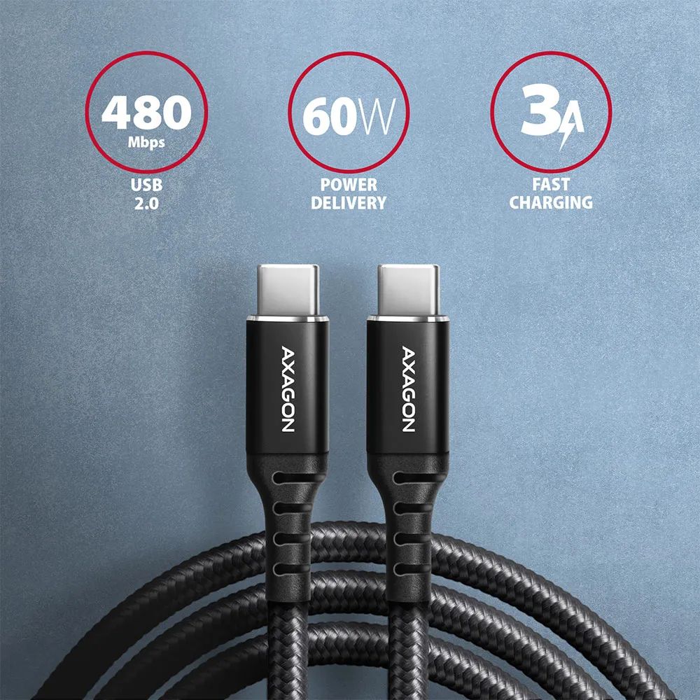 Câble Axagon USB-C 2m M/M 60W (Noir)