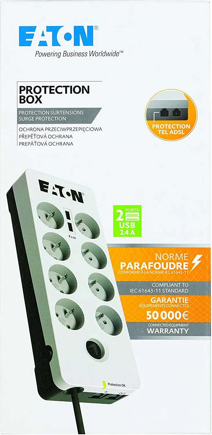 Multiprise Surtension Eaton Protection Box 8 prises + USB (Blanc)