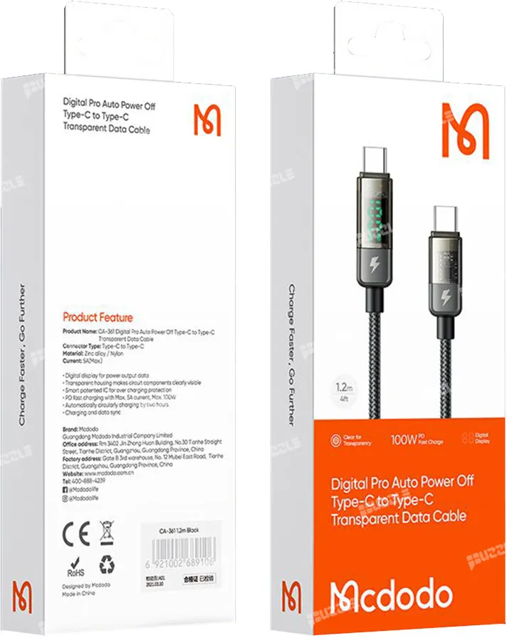 Câble Mcdodo Digital Display USB-C avec écran 1,2m M/M 100W (Transparent/Noir)