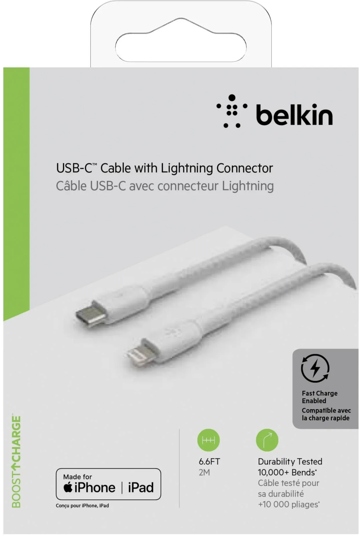 Câble Belkin BoostCharge USB-C vers Lightning 2m M/M (Blanc)