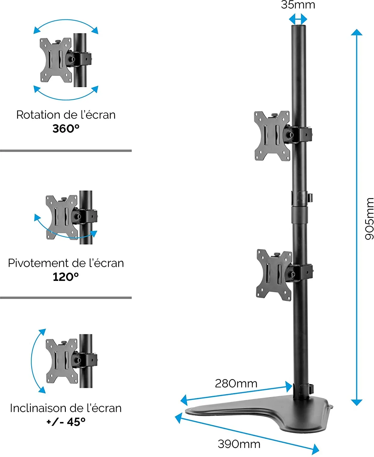 Support Double Ecran à poser Fellowes Professional jusqu'à 32" (16kg max) (Noir)