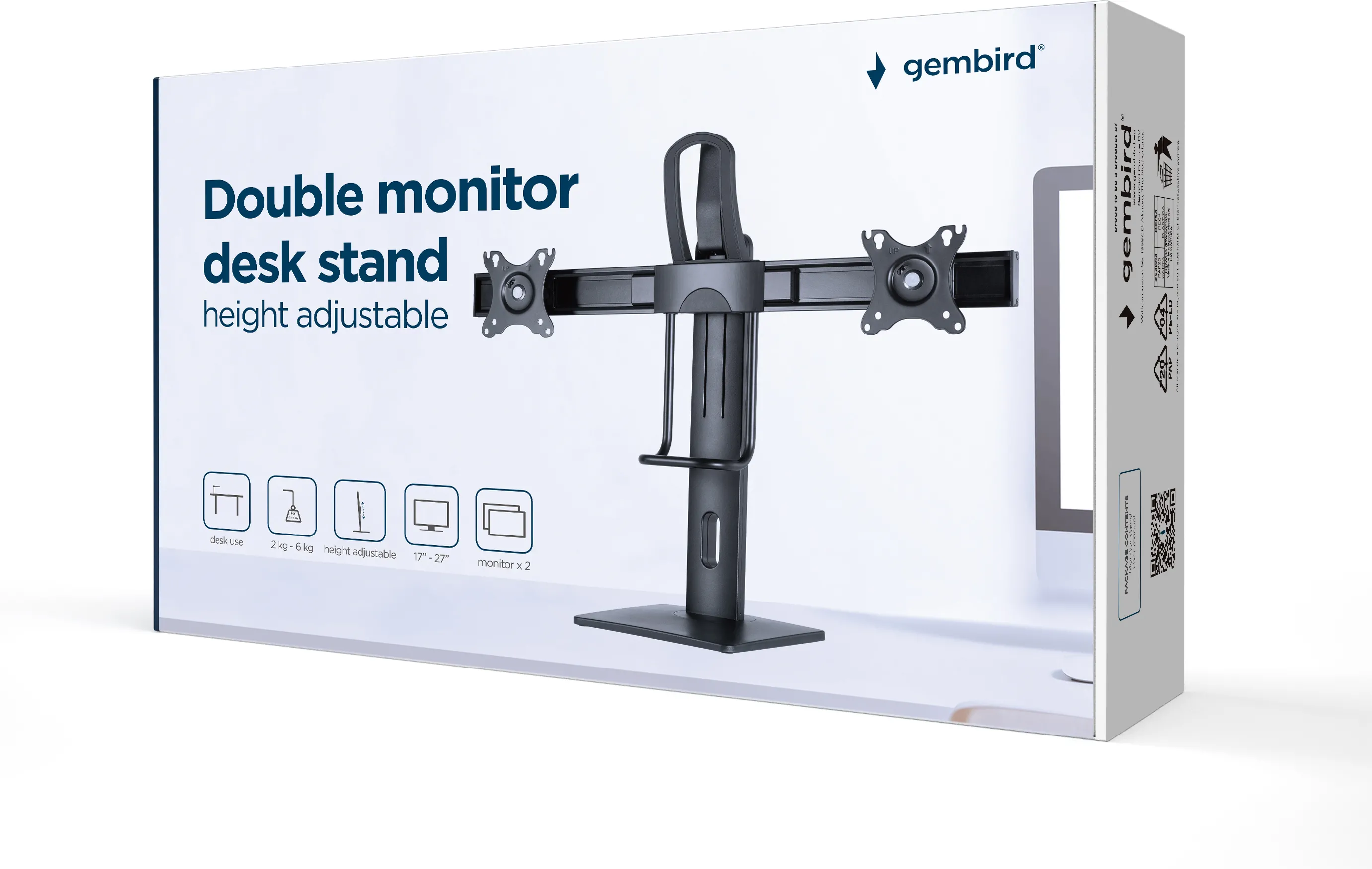 Support Double écran à poser Gembird 27" (12kg max) (Noir)