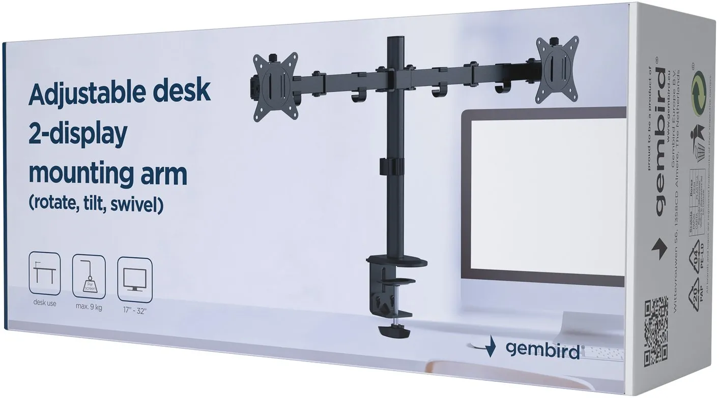 Support double-écran à fixer Gembird MA-D2-01 - 32" (9kg max) (Noir)