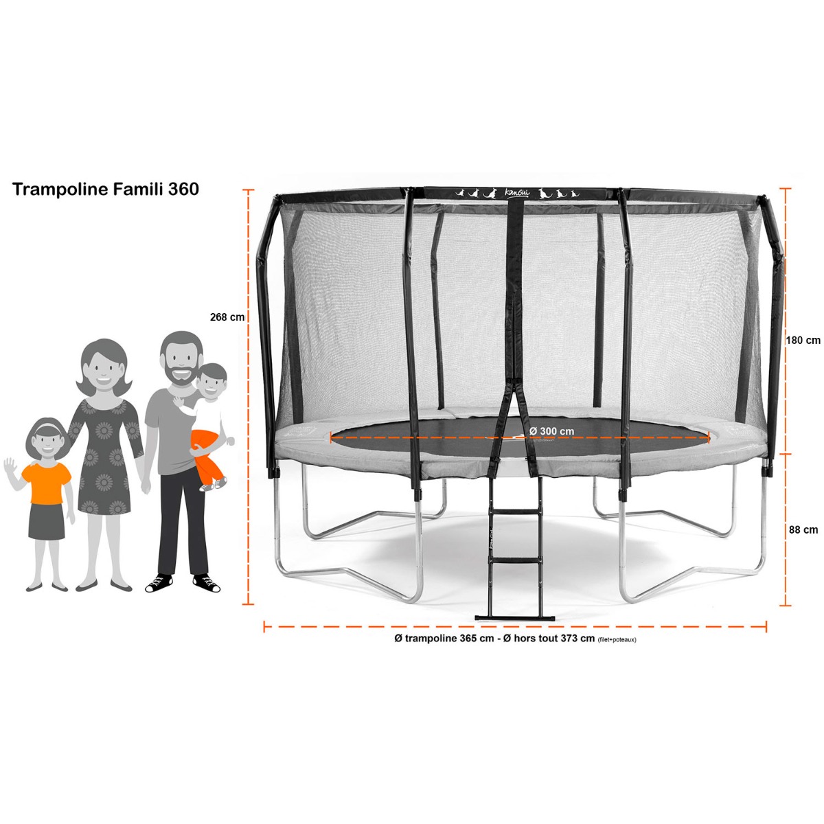 Kangui - Trampoline de jardin rond Ø366cm avec filet de sécurité + échelle - Fabrication européenne - Famili 360