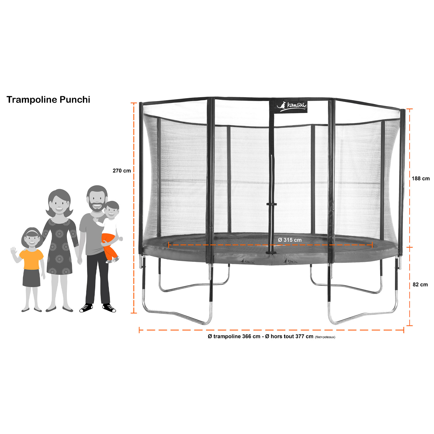 Kangui - Trampoline de jardin 365 cm + filet de sécurité + échelle | PUNCHI Bleu 360