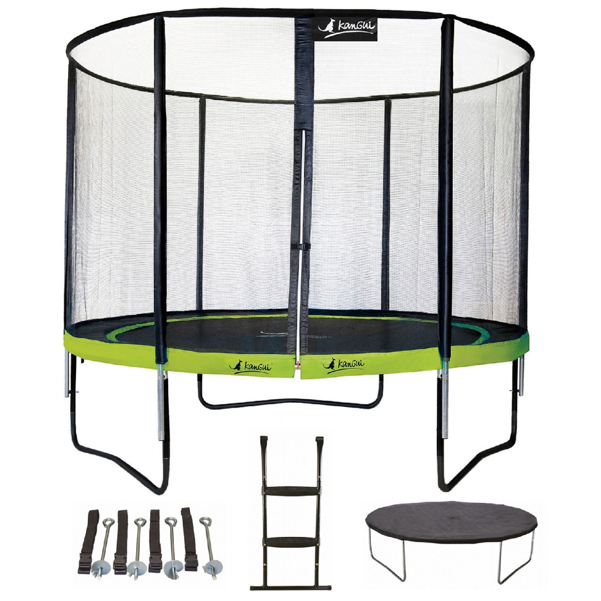 Kangui - Trampoline de jardin rond 305 cm + filet + échelle + bâche + kit ancrage | PUNCHI Vert