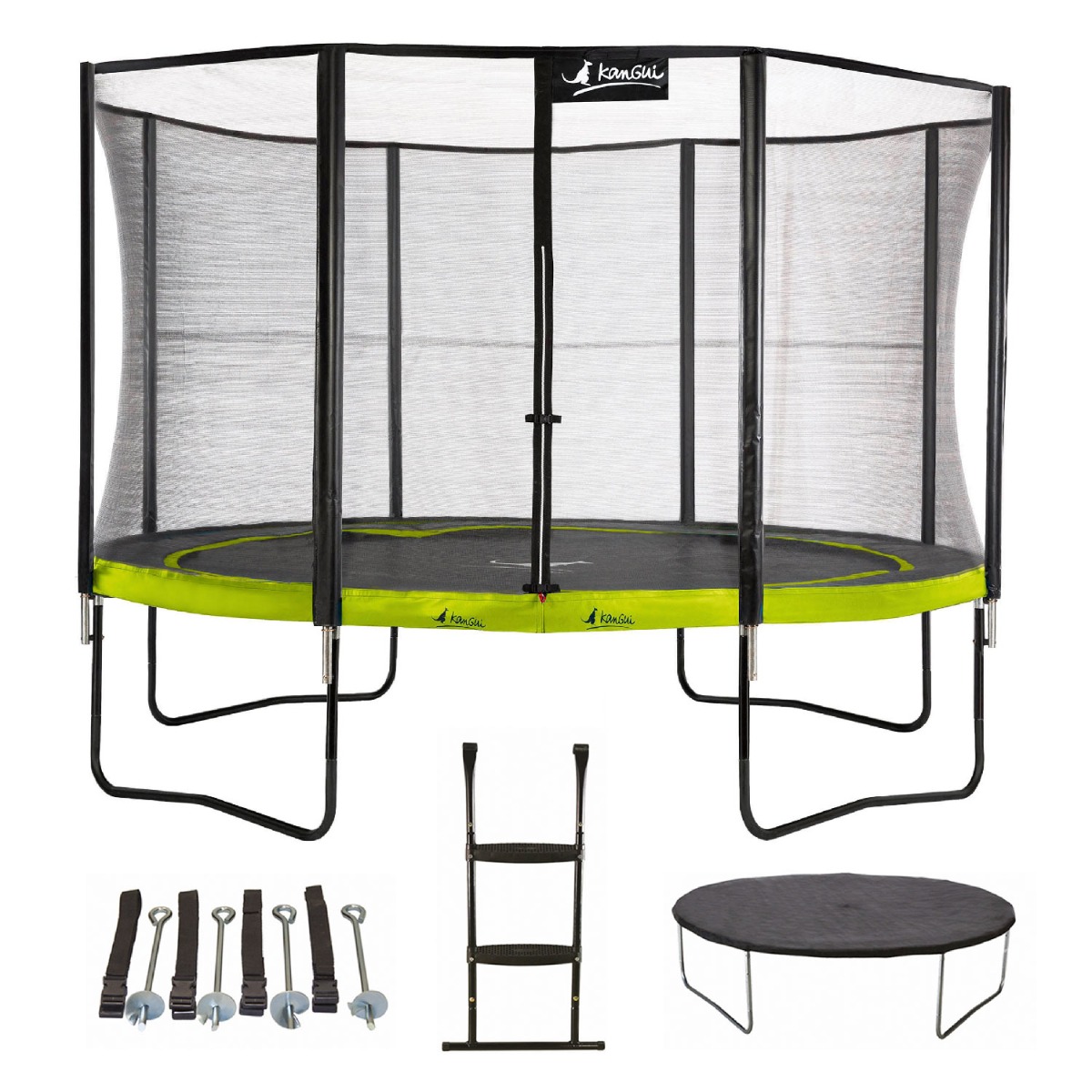 Kangui - Trampoline de jardin 365 cm + filet + échelle + bâche + kit ancrage | PUNCHI Vert.