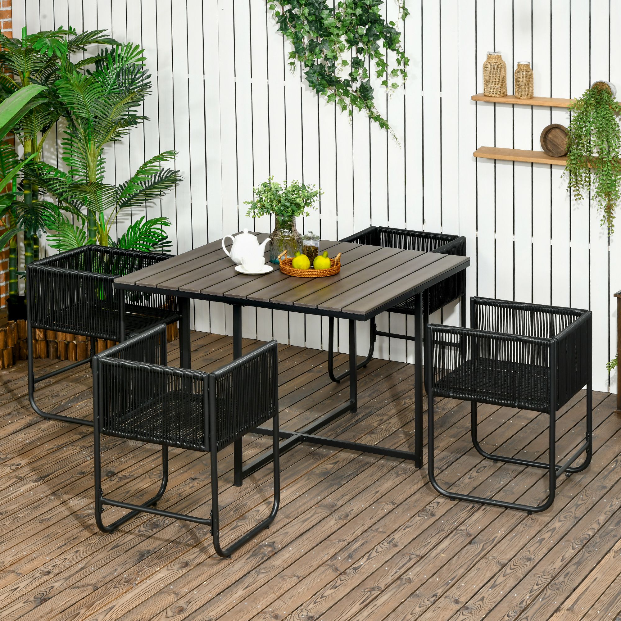 Ensemble salon de jardin encastrable 4 personnes 5 pièces noir gris