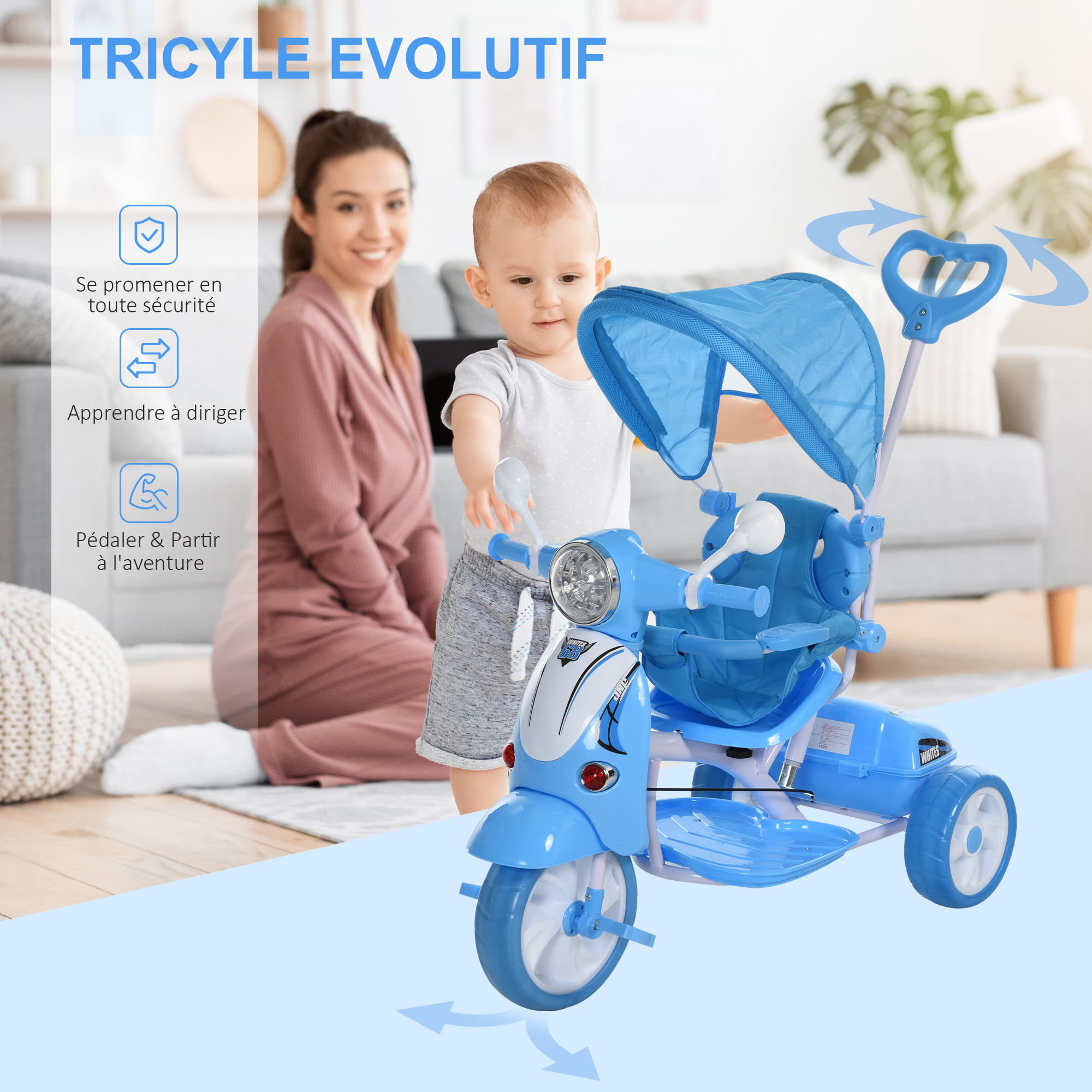 Trycicle enfant évolutif effets lumineux sonores blanc bleu