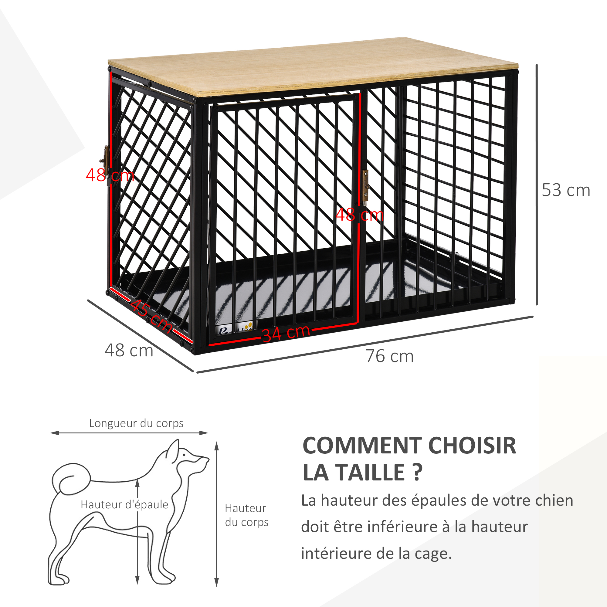 Cage pour chien animaux 2 portes verrouillables métal panneau chêne clair