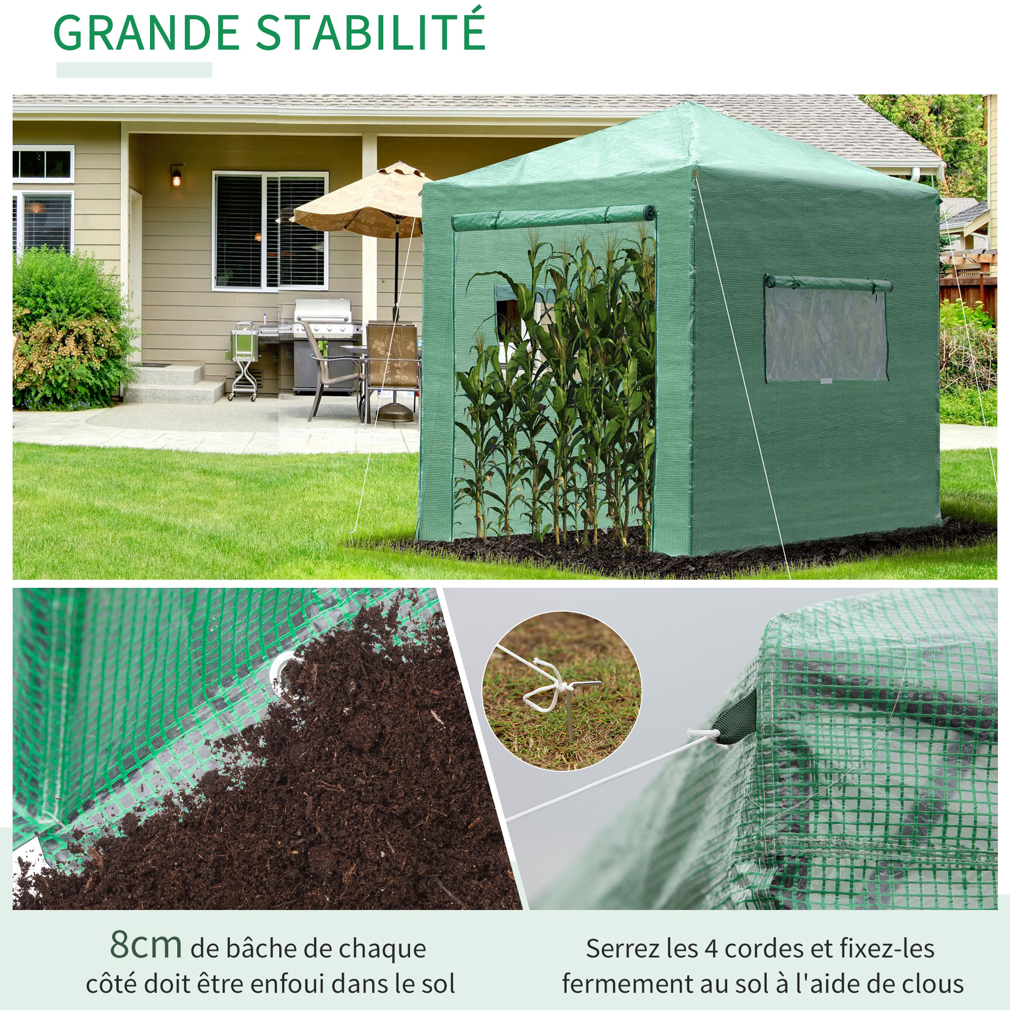 Serre de jardin pop-up porte + 2 fenêtres zippées enroulables sac transport PE vert