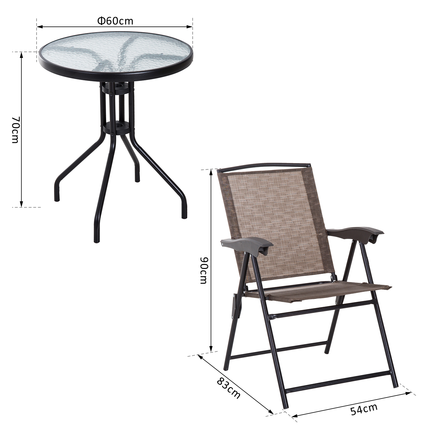 Ens. de jardin 3 pièces 2 chaises inclinables pliables + table ronde chocolat