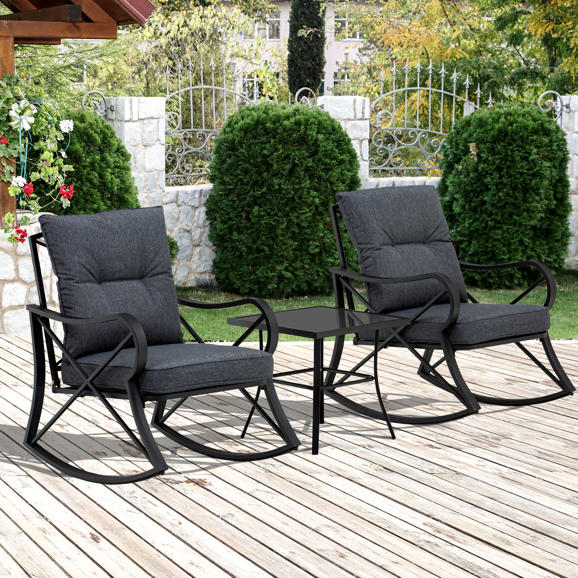 Ensemble de jardin 3 pièces acier époxy noir coussins polyester