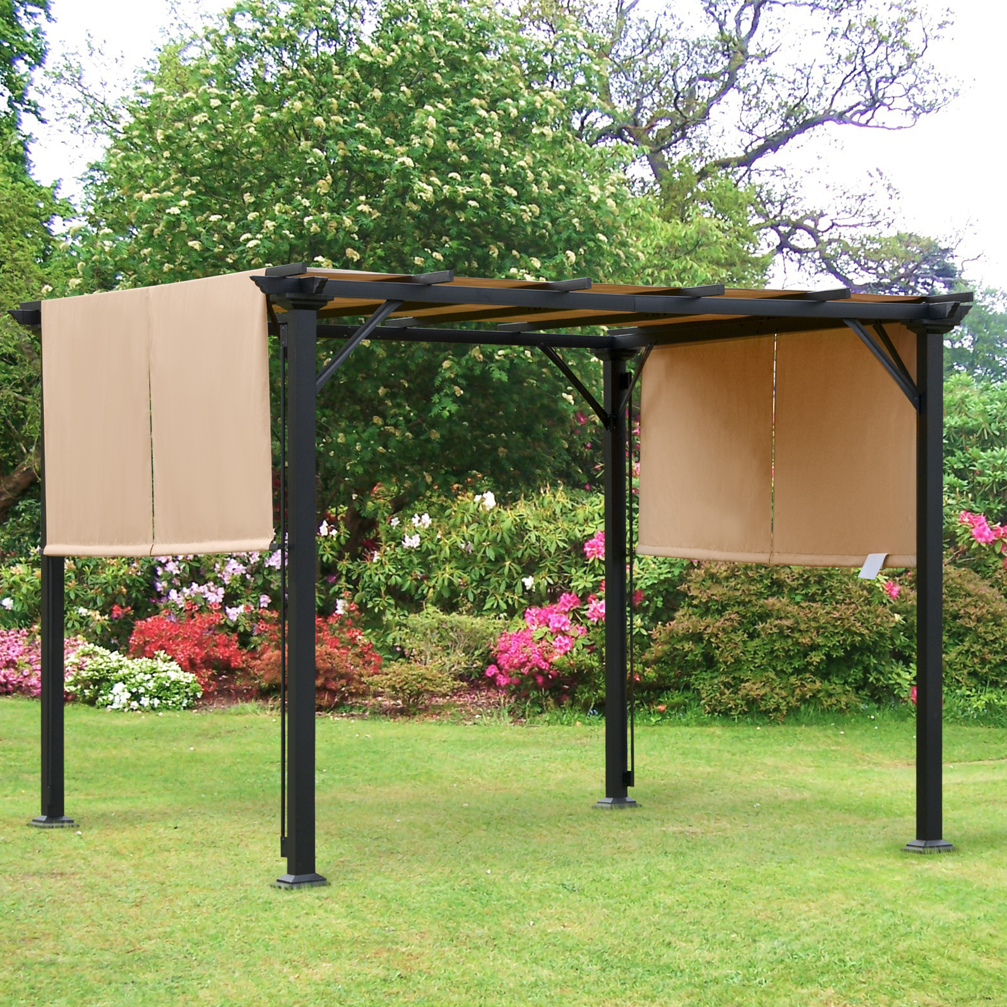 Pergola rétractable métal époxy noir double toile polyester haute densité