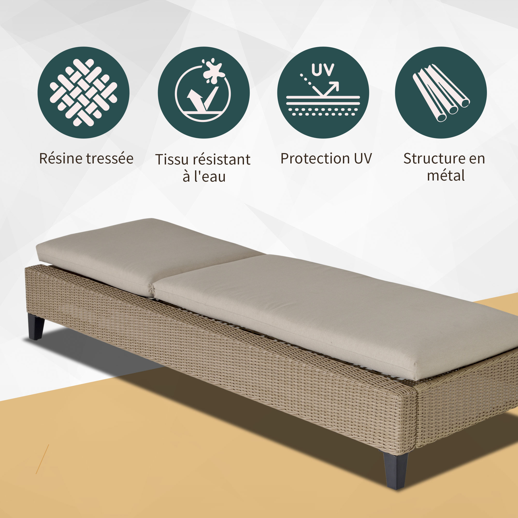 Bain de soleil inclinable grand confort en résine avec matelas