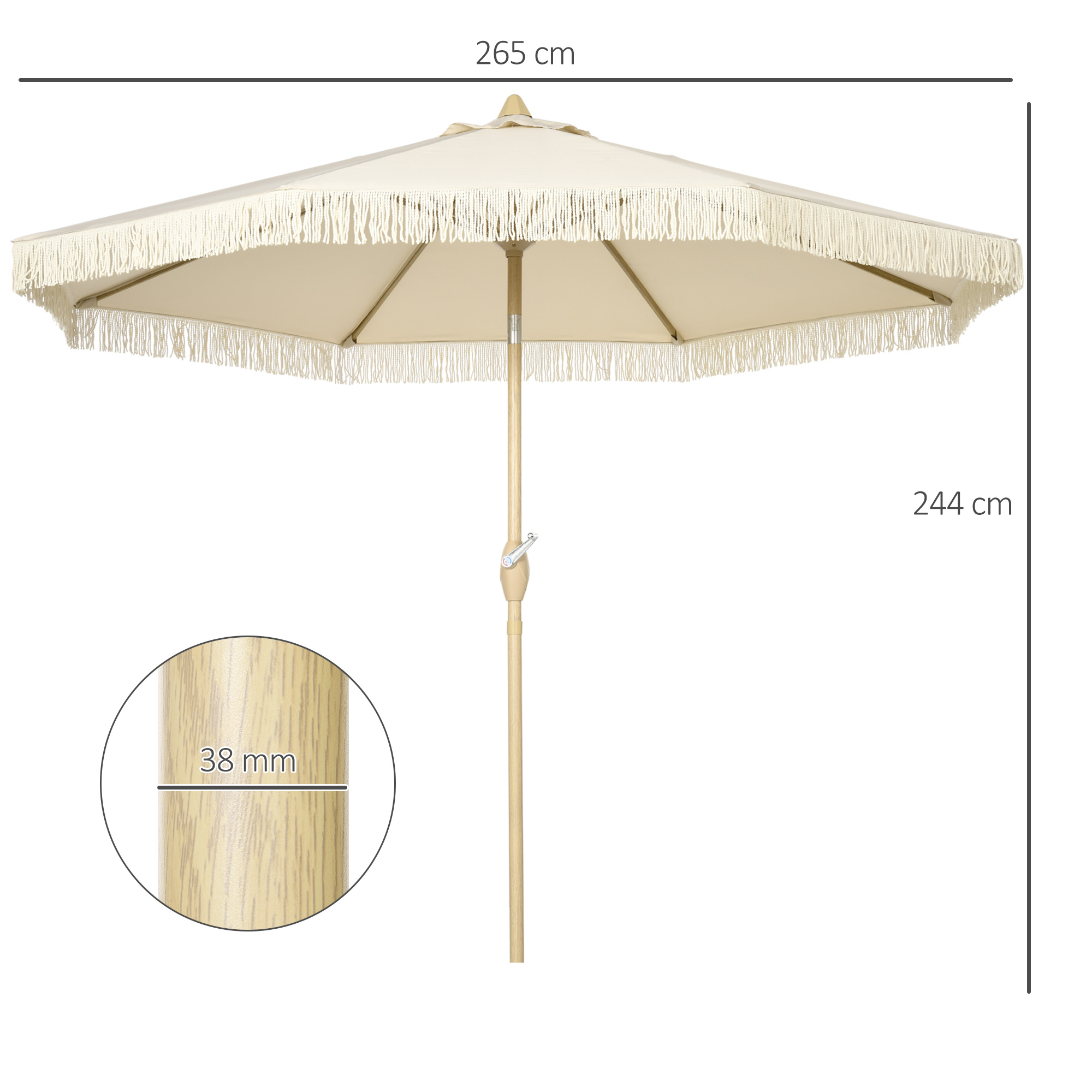 Parasol octogonal inclinable Ø 2,65 x 2,44H m métal apsect bois tissu beige