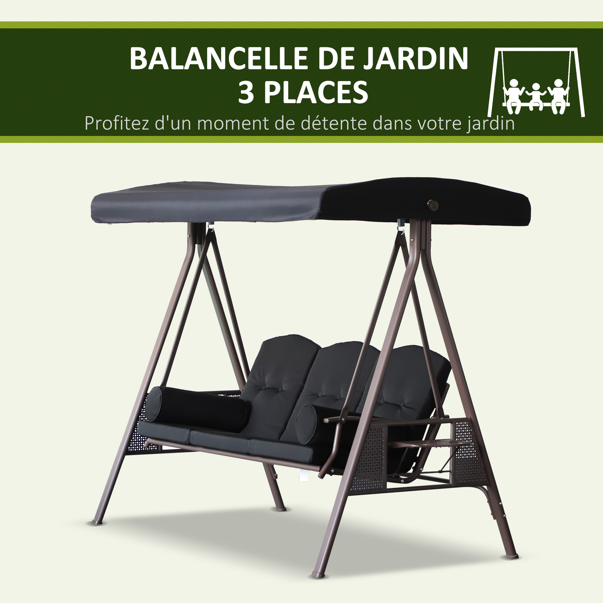 Balancelle de jardin 3 places grand confort polyester