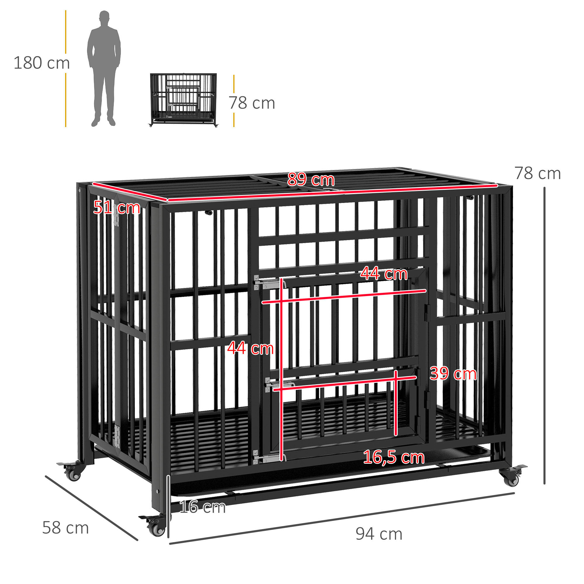 Cage pour chien animaux sur roulettes pliable 3 portes plateau acier noir